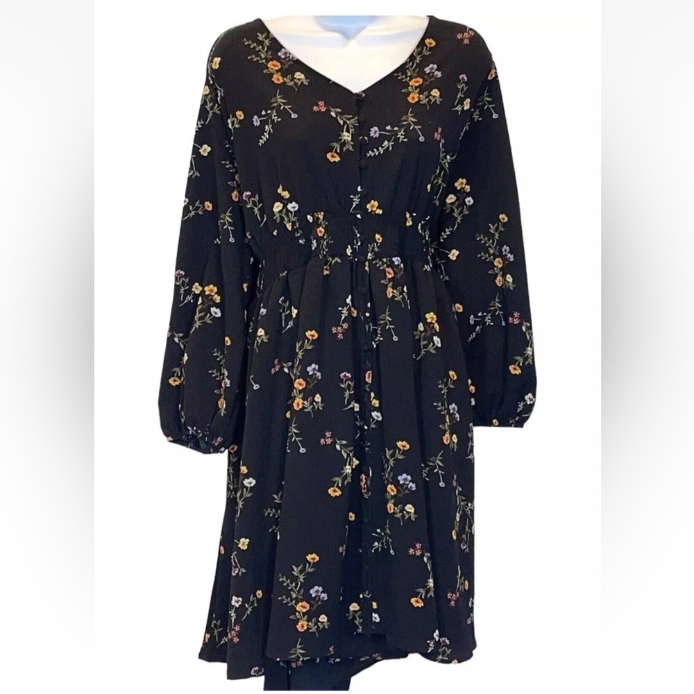 Always Indigo Floral Boho Dress 2X Black Smocked Waist Button Front Fall Midi - Picture 2 of 9